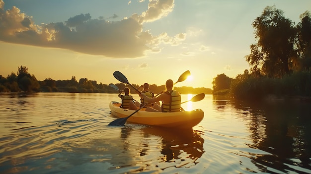 Happy young Caucasian group of friends kayaking on a river with a sunset in the background