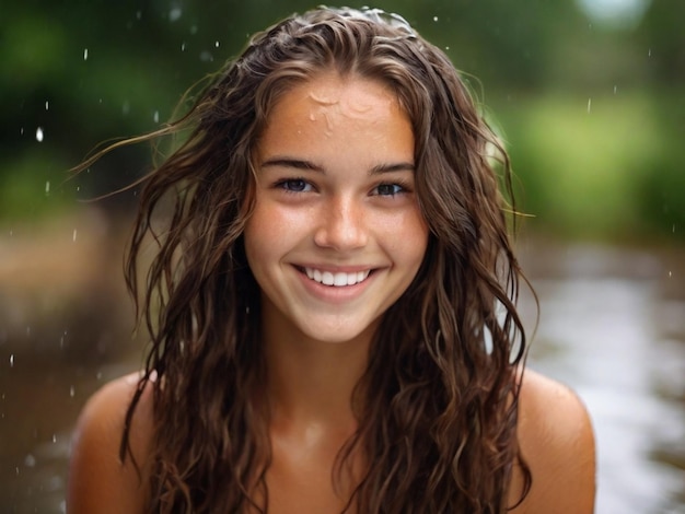 Happy young caucasian woman wet hair looking at camera fresh and cute