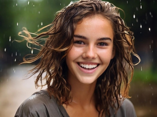 Happy young caucasian woman wet hair looking at camera fresh and cute