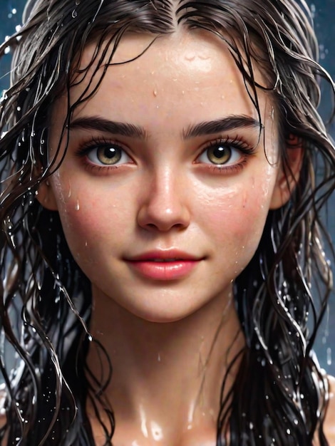 Happy young caucasian woman wet hair looking at camera fresh and cute