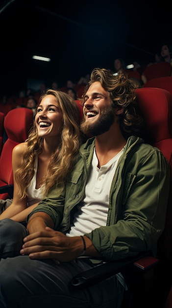 A happy young couple at the cinema watching an exciting movie Cinema concept