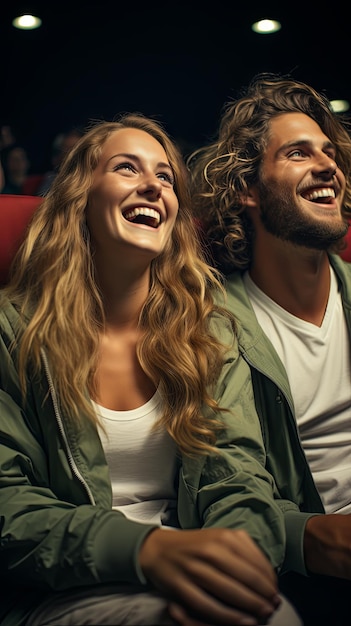 A happy young couple at the cinema watching an exciting movie Cinema concept