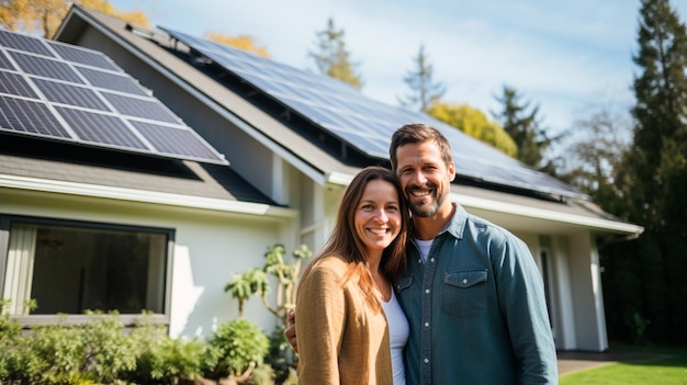 happy young couple and a house with solar panels on the background