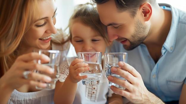 Happy young couple parents teaching little preschool daughter drinking clear water e Generative AI