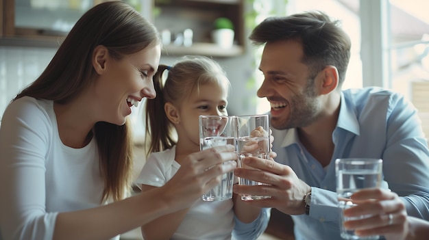 Happy young couple parents teaching little preschool daughter drinking clear water e Generative AI