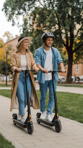 Happy young couple riding electric push scooter at park