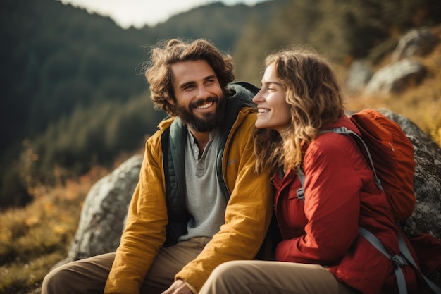 Happy young couple sitting on top of a mountain and looking at each other Carefree couple enjoys in view while taking break during hiking in nature AI Generated