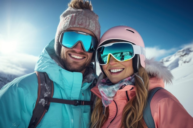 Photo happy young couple skiing in winter on the snow