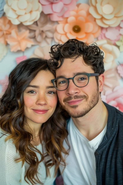 Happy Young Couple Smiling Together in Front of a Decorative Flower Wall Backdrop Expressing Love