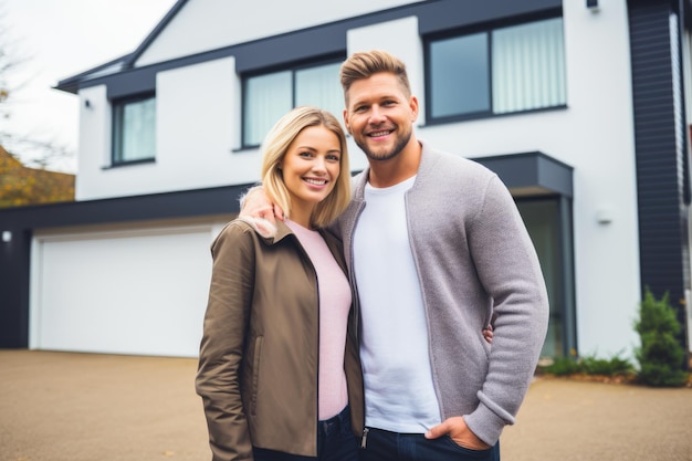 Happy young couple standing in front of new home