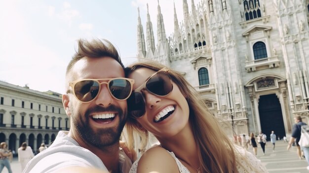 Happy young couple taking selfie in front of Duomo in Milan Italy