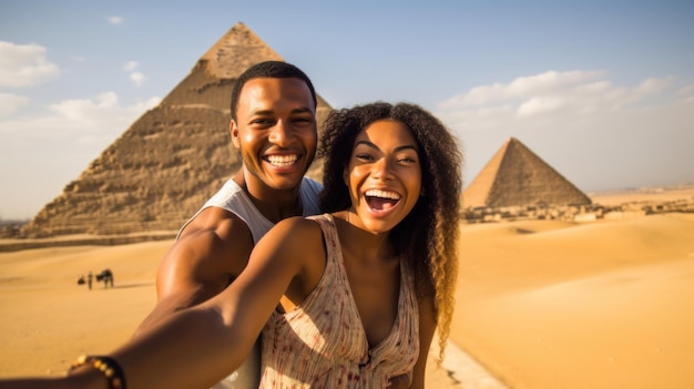 Happy young couple taking selfie in front of egyptian pyramids