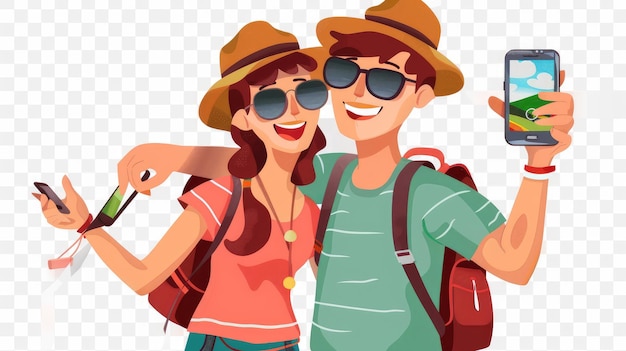 Photo happy young couple taking a selfie with a smartphone smiling man and woman on summer vacations isolated on transparent background png file ar 169 job id 7291109cba834f71b95bee17d918a6f9