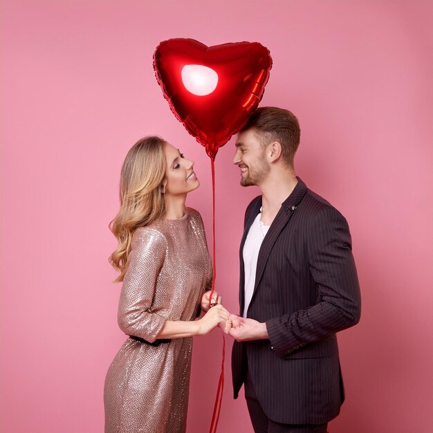 Photo happy young couple with beautiful heartshaped balloon on pink background valentines day