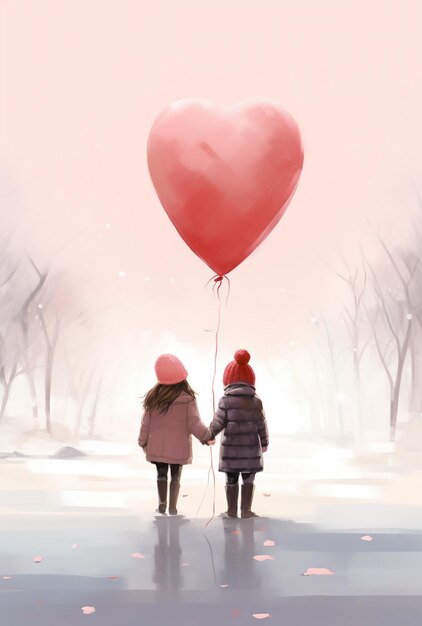 Happy young couple with heartshaped balloons on color background Valentines Day celebration