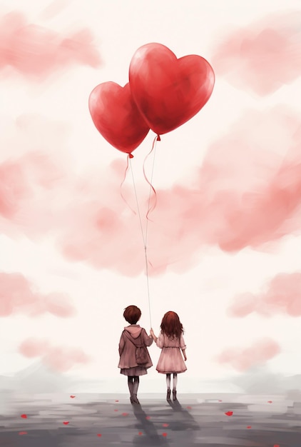 Happy young couple with heartshaped balloons on color background Valentines Day celebration