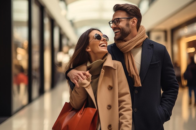 happy young couple with shopping bags in mall