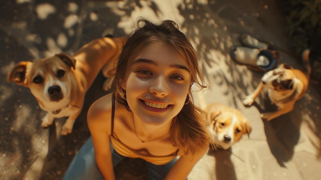 Happy young couple with their pet dog dog and owner