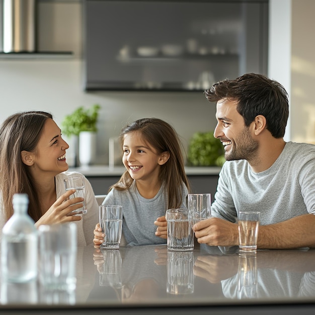 Happy young family drinking water in kitchen at home smiling mother father and daughter looking at