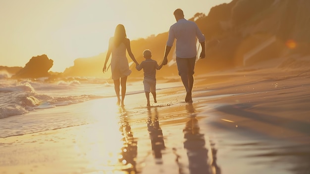 Happy Young Family Having Fun Walking on Beach at Sunset Generative AI