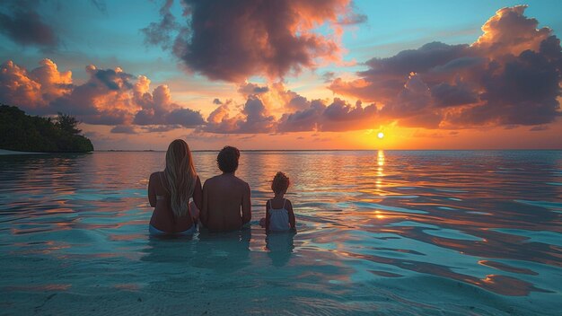 happy young family with two kids have fun running and relaxing on beautiful beach at sunset