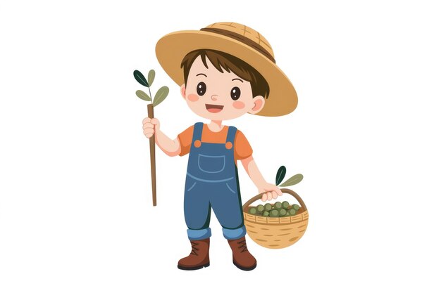 A happy young farmer holding a stick and a basket of fruit