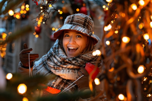 Happy young fashionable woman in a hat rejoices at a gift she bought at a christmas market in a garl...