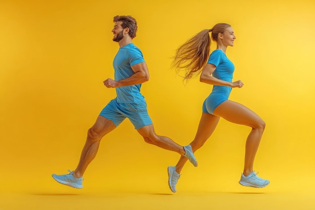 Photo happy young fitness trainers in blue clothes jumping and running in home gym on yellow background