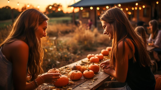 Happy young friends enjoying the fall pumpkin harvest festivities outside generative AI