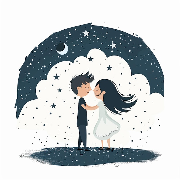 Photo a happy young girl and boy in love embrace under starry night sky surrounded by clouds and crescent moon capturing magical moment of affection and joy