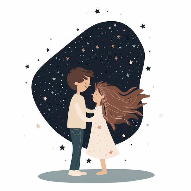 Photo a happy young girl and boy in love stand together under starry night sky surrounded by whimsical cosmic backdrop their joyful expressions convey sense of wonder and affection