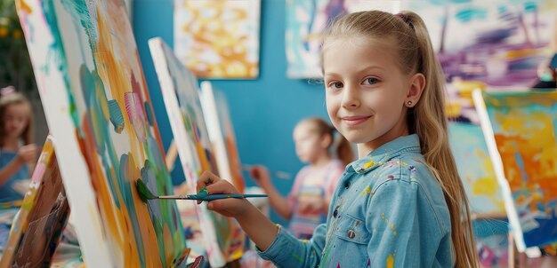 Photo happy young girl enjoying painting class with other children in art studio