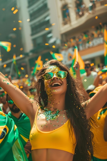 Photo happy young girl football fan celebrating her team victory latino woman with brazil flag laughing