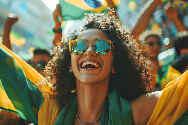 Photo happy young girl football fan celebrating her team victory latino woman with brazil flag laughing