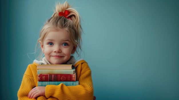 Happy Young Girl Holding Books Against a Blue Background with a Red Hair Tie and Yellow Sweater