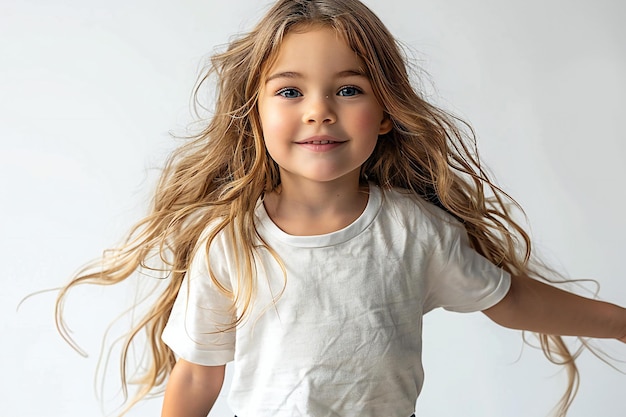 happy young girl in jeans and white tshirt on white background