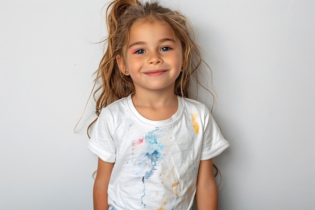 happy young girl in jeans and white tshirt on white background