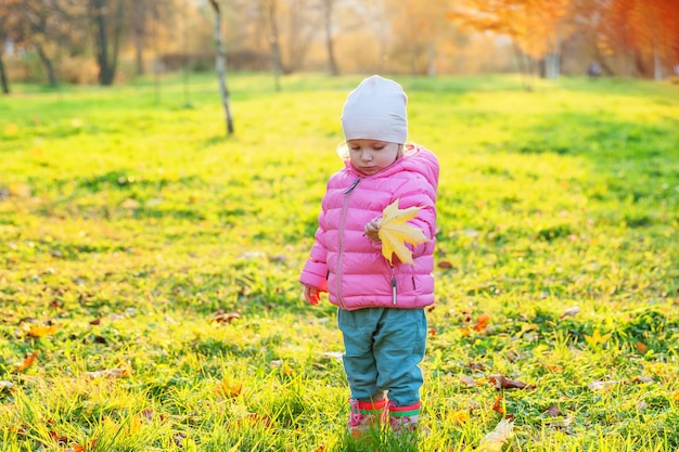 Happy young girl smiling in beautiful autumn park on nature walks outdoors Little child playing with falling yellow maple leaf in autumn fall orange yellow background Hello autumn concept