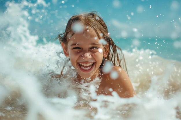 Happy young girl with a bright smile surrounded by splashing sea water on a sunny day