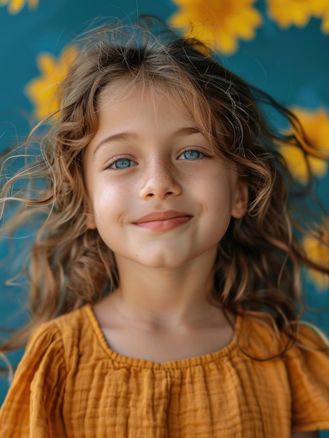 A happy young girl with long curly hair smiling at the camera