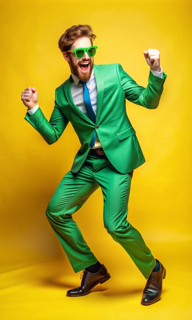 Happy young guy having fun at crazy St Patricks Day holiday party Full body shot of funny cheerful goofy man wearing green suit and sunglasses dancing isolated on bright yellow colour