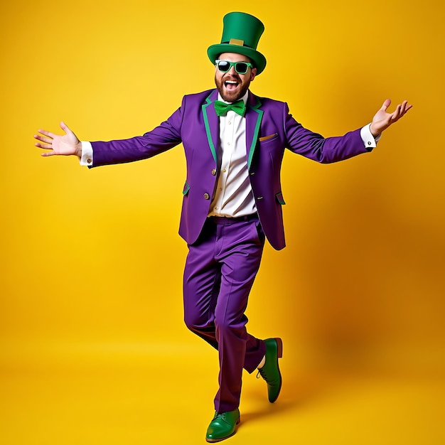 Photo happy young guy having fun at crazy st patricks day holiday party full body shot of funny cheerful