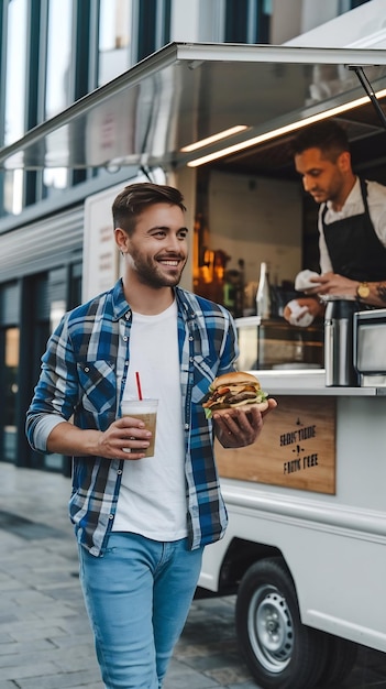 Photo happy young hipster customer walks from food truck with freshly made beef burger fries and cold dr