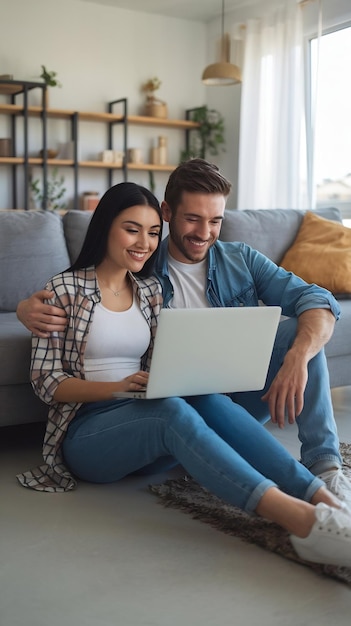 Happy Young Homeowners Lovely Couple Sitting on the Floor of the Newly Purchased Apartment Use Lap