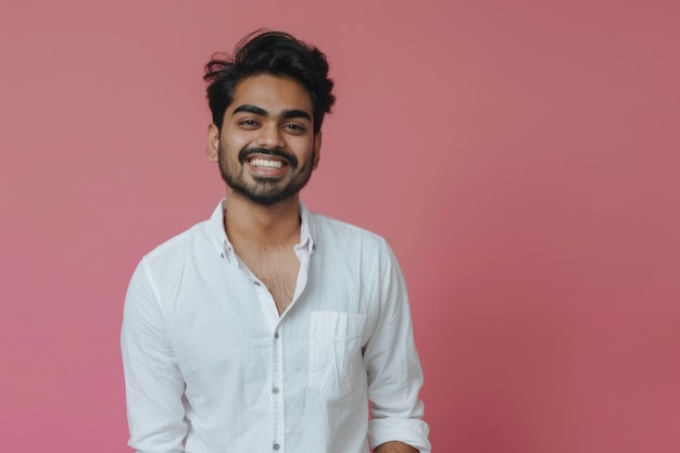 Happy young Indian businessman in stylish shirt on pink background