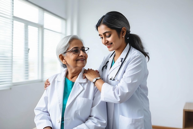 Happy young Indian doctor therapist in white coat has appointment consulting supporting putting hand on shoulder of older senior female patient in modern clinic hospital Medical healthcare concept