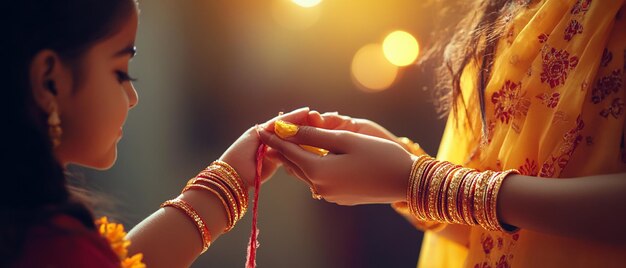 Photo happy young indian girl tying rakhi to her brother in celebration