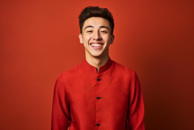 Happy young man in chinese shirt red background Space for text