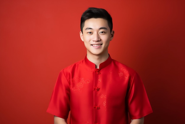 Happy young man in chinese shirt red background Space for text