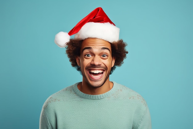 Happy young man in Christmas sweater and Santa hat on light blue background Space for text